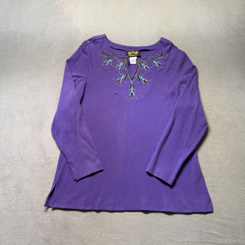 Bob Mackie Wearable Art Women’s XL Purple Blouse Embroidered 3/4 Sleeve Top
